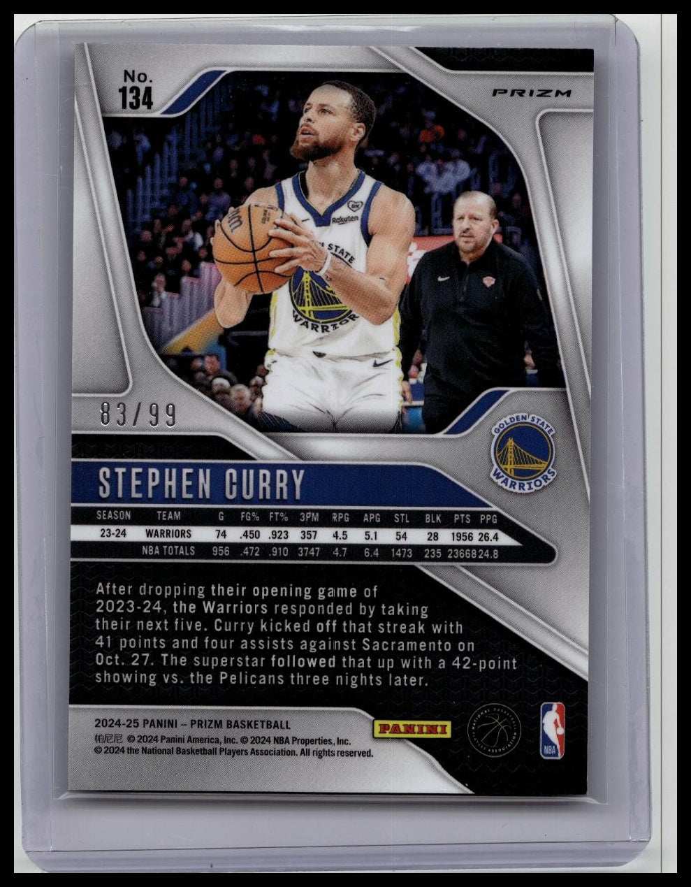 2024-25 Panini Prizm Basketball Stephen Curry #134 Purple Prizm Warriors /99