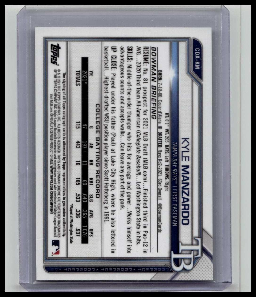 Kyle Manzardo 2021 Bowman Chrome Draft 1st Auto #CDA-KM Tampa Bay Rays