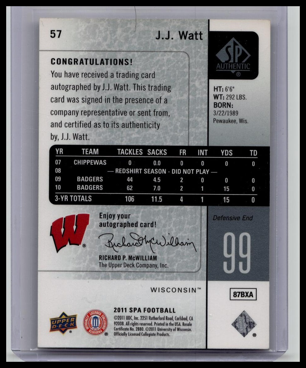 2011 SP Authentic - J.J. Watt Rookie On Card Auto #57 (RC)