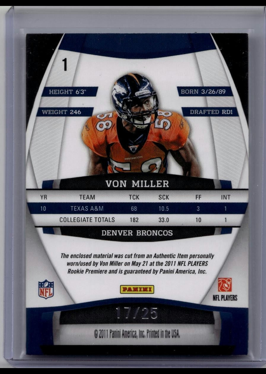 2011 Gridiron Gear Von Miller Rookie Hidden Gems Dual Jersey Relic /25