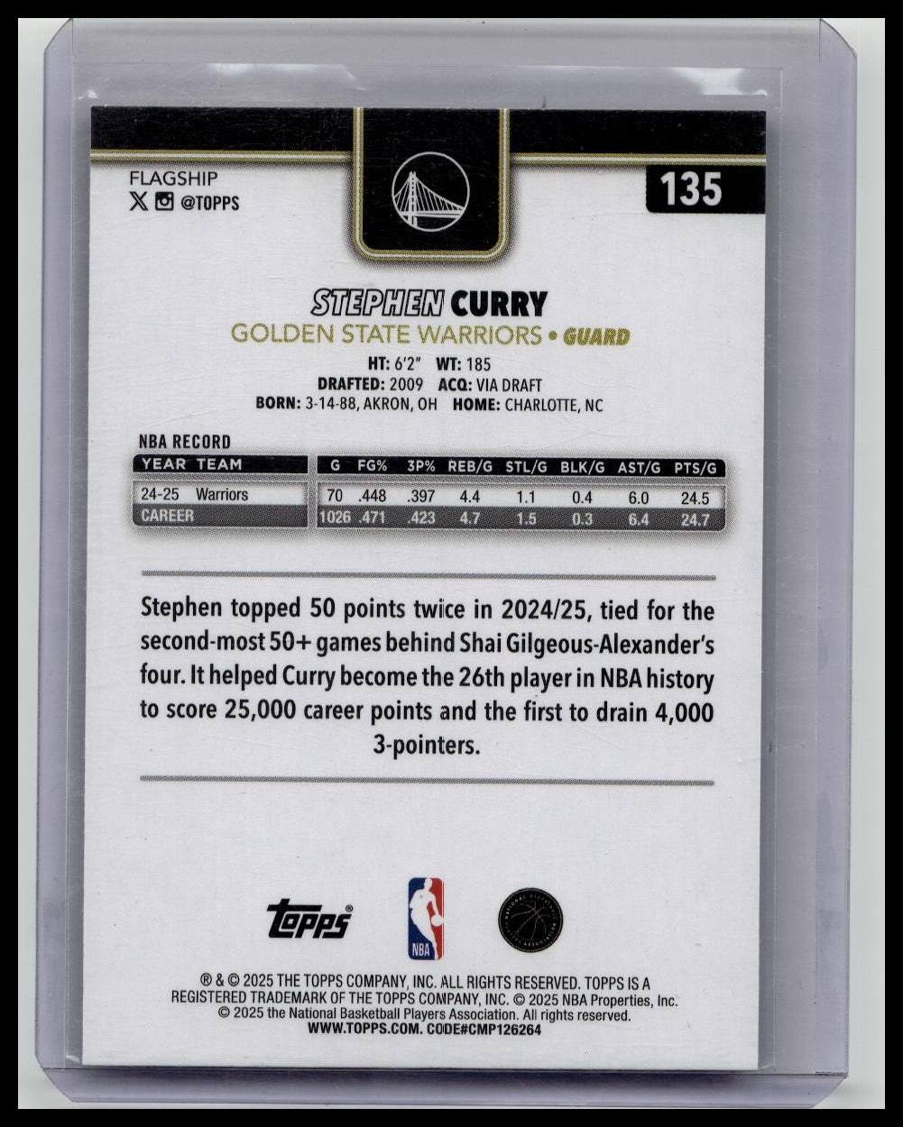 2025-26 Topps Basketball STEPHEN CURRY #135 Exclusive Blackout Black Foil SP