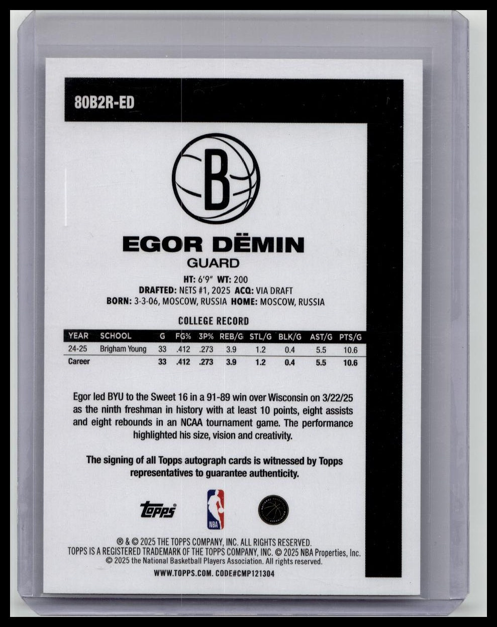 Egor Demin 2025 Topps Autograph Issue 80B2R-ED 45th Anniversary ROOKIE AUTO Nets