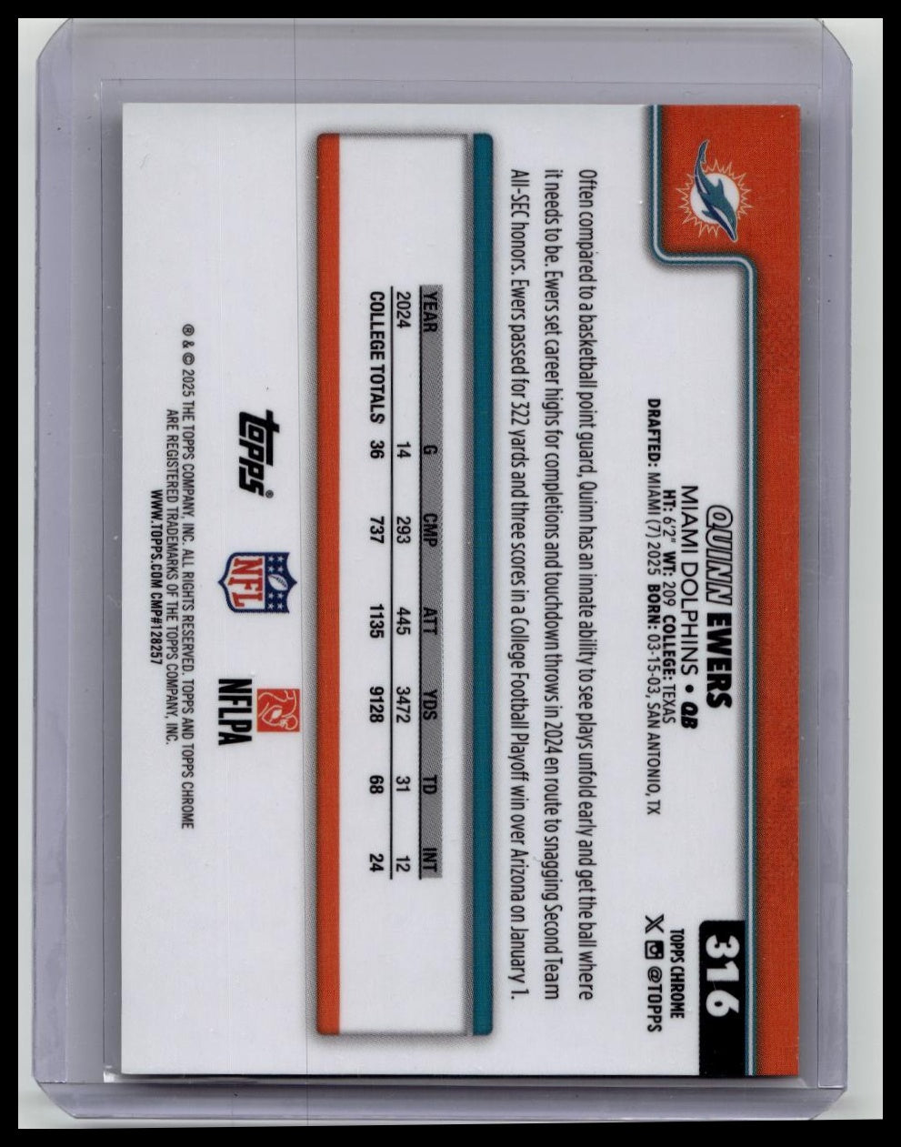 2025 Topps Chrome Quinn Ewers RC Orange Lava /25 Miami Dolphins #316