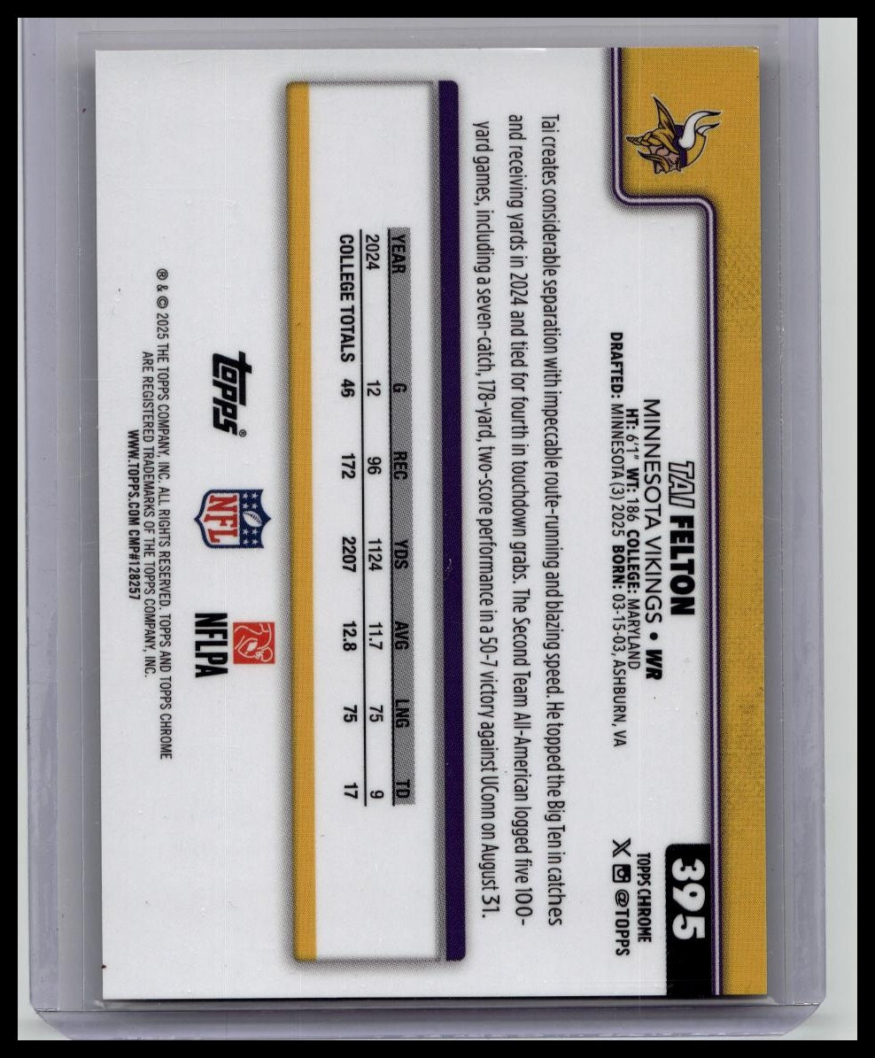 2025 Topps Chrome Tai Felton /25 #395 Rookie Orange Refractor Vikings