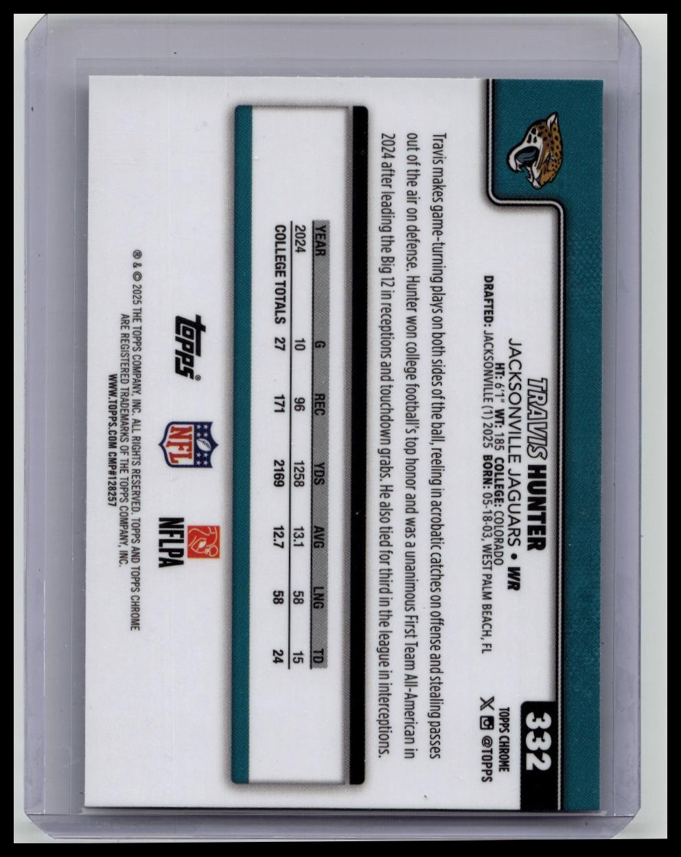 2025 Topps Chrome Travis Hunter RC Prism Refractor #332 Jaguars Rookie