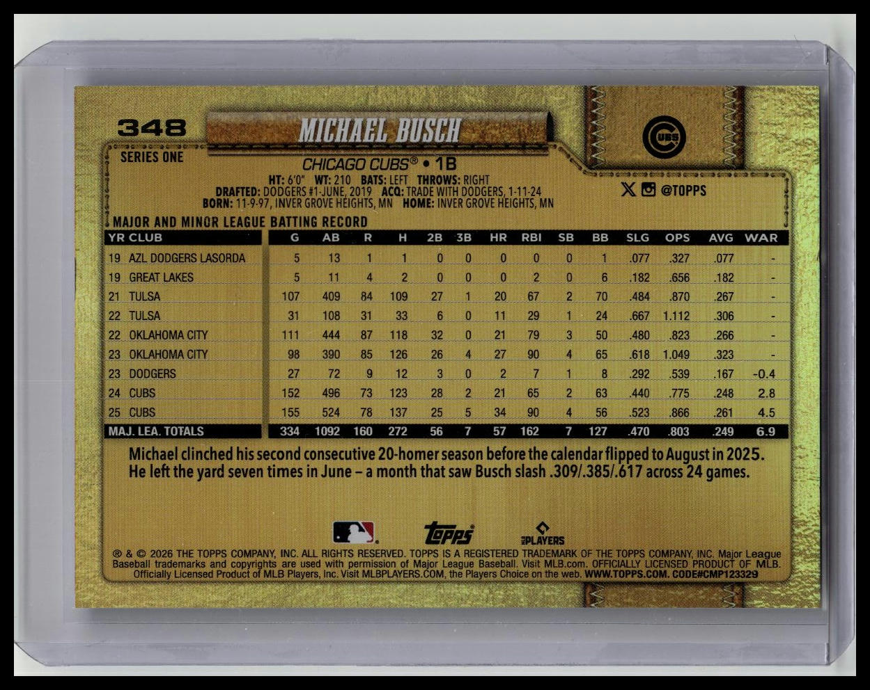 2026 Topps Series 1 One Baseball - Michael Busch Chicago Cubs #348 -Gold Mirror
