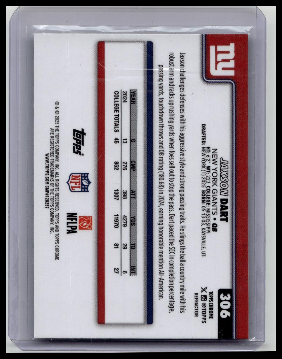 2025 Topps CHROME JAXSON DART Rookie Giants RC SILVER REFRACTOR #306