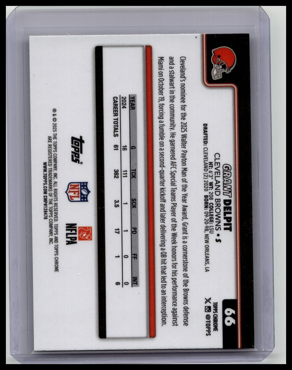 GRANT DELPIT 2025 TOPPS CHROME #66 TEAM CAMO VARIATION SP BROWNS