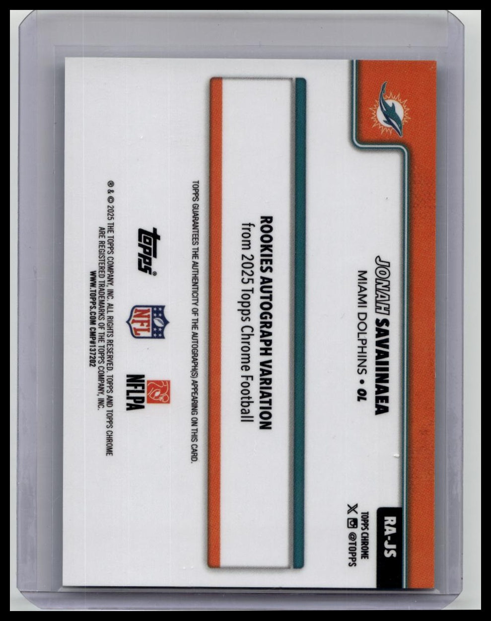 Jonah Savaiinaea Auto Aqua Refractor 2025 Topps Chrome /199 MIAMI DOLPHINS