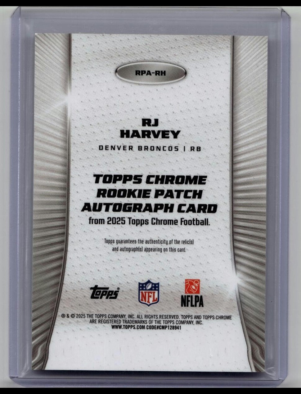 2025 Topps Chrome RJ Harvey RPA RC Rookie Patch Auto Gold Refractor /50 Broncos