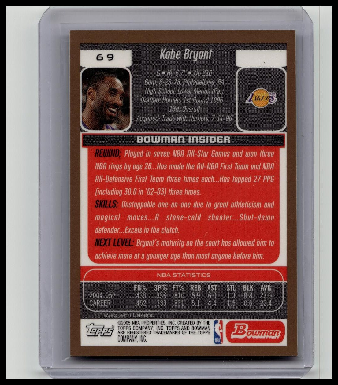 2005 06 Bowman KOBE BRYANT Gold Parallel Draft Picks & Prospects #69