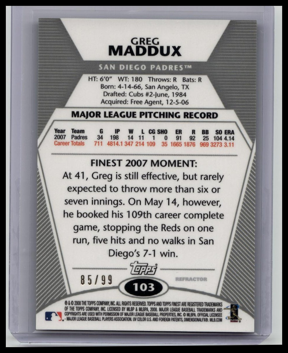 2008 Topps Finest Black Refractor /99 Greg Maddux #103