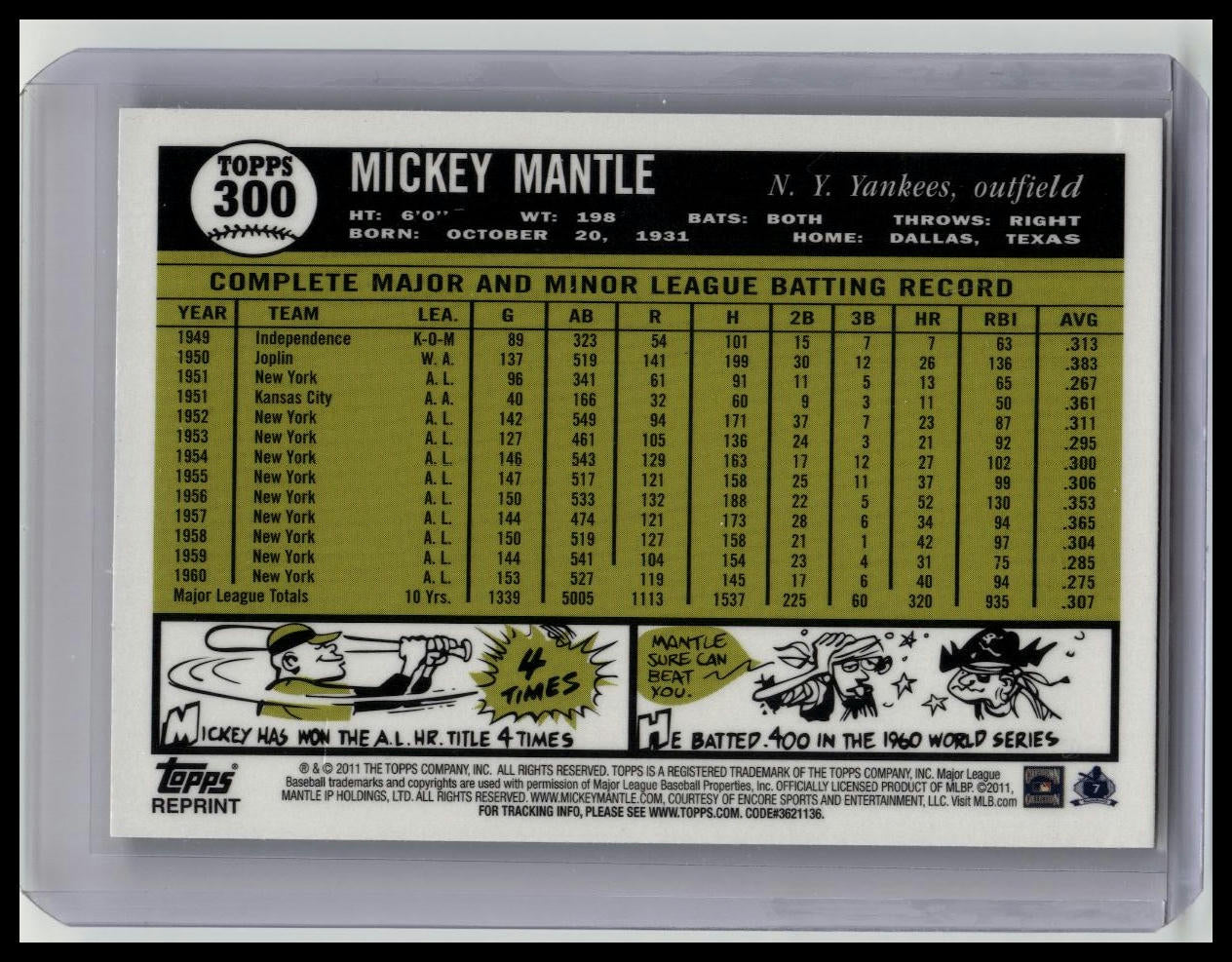 2011 Topps #300 Mickey Mantle 1961 Gold Refractor New York Yankees