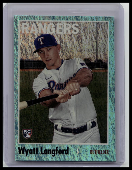 2024 Topps Archives Baseball Wyatt Langford Aqua Sparkle Foilboard /75 Rangers