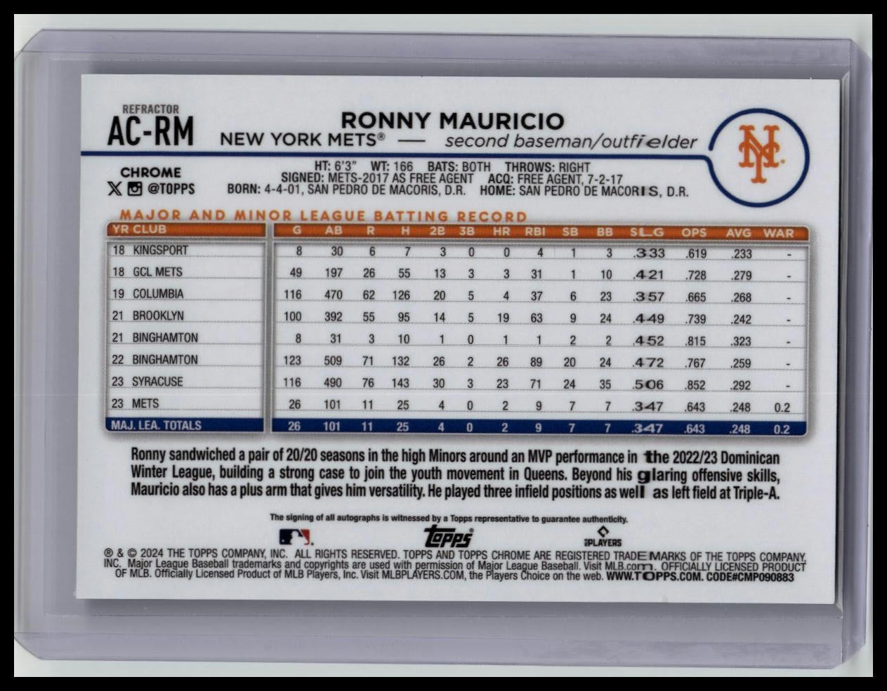 2024 Topps Chrome Update Ronny Mauricio Rookie Auto /499 AC-RM NY Mets ...