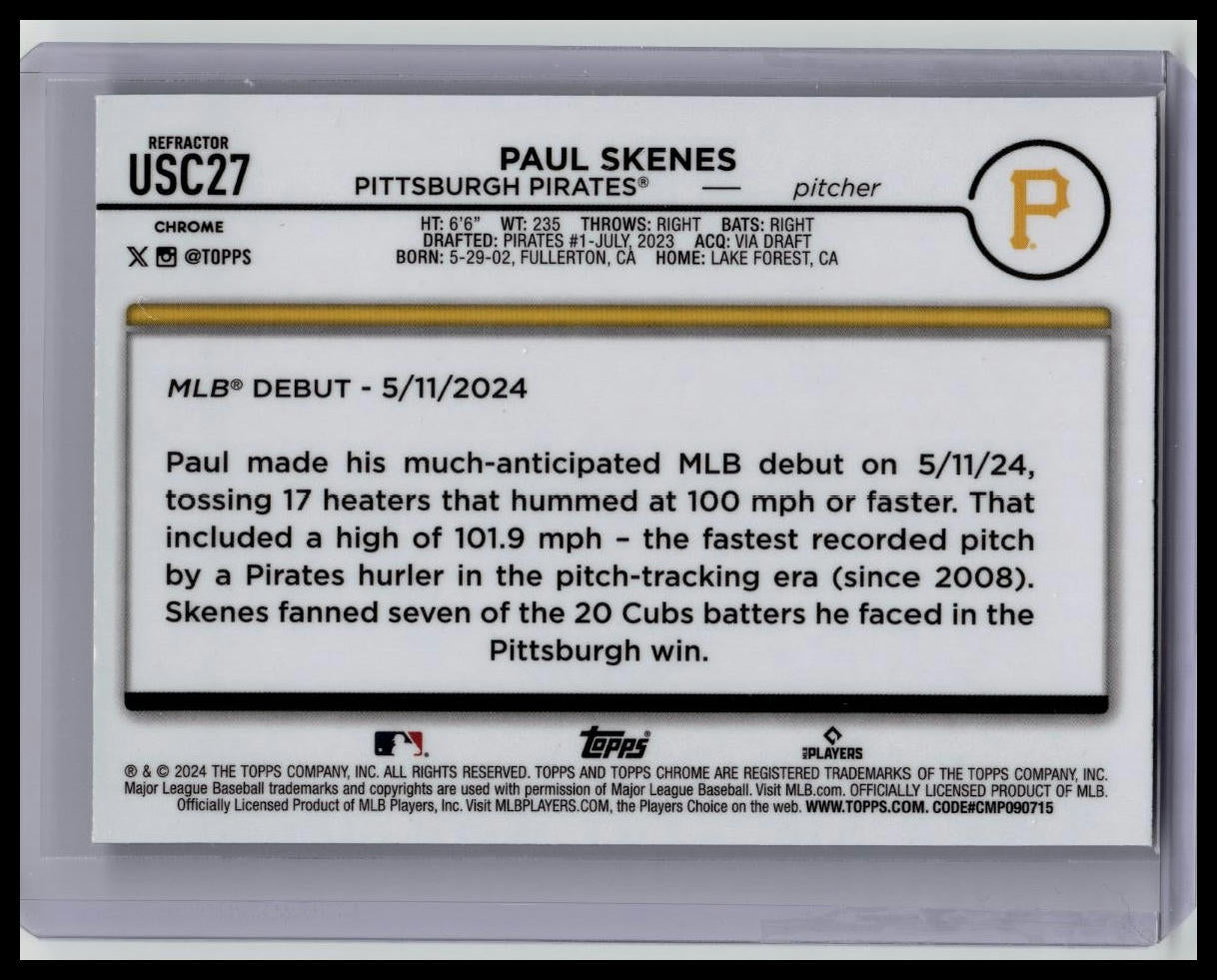 PAUL SKENES 2024 TOPPS CHROME ROOKIE DEBUT PRISM REFRACTOR RC