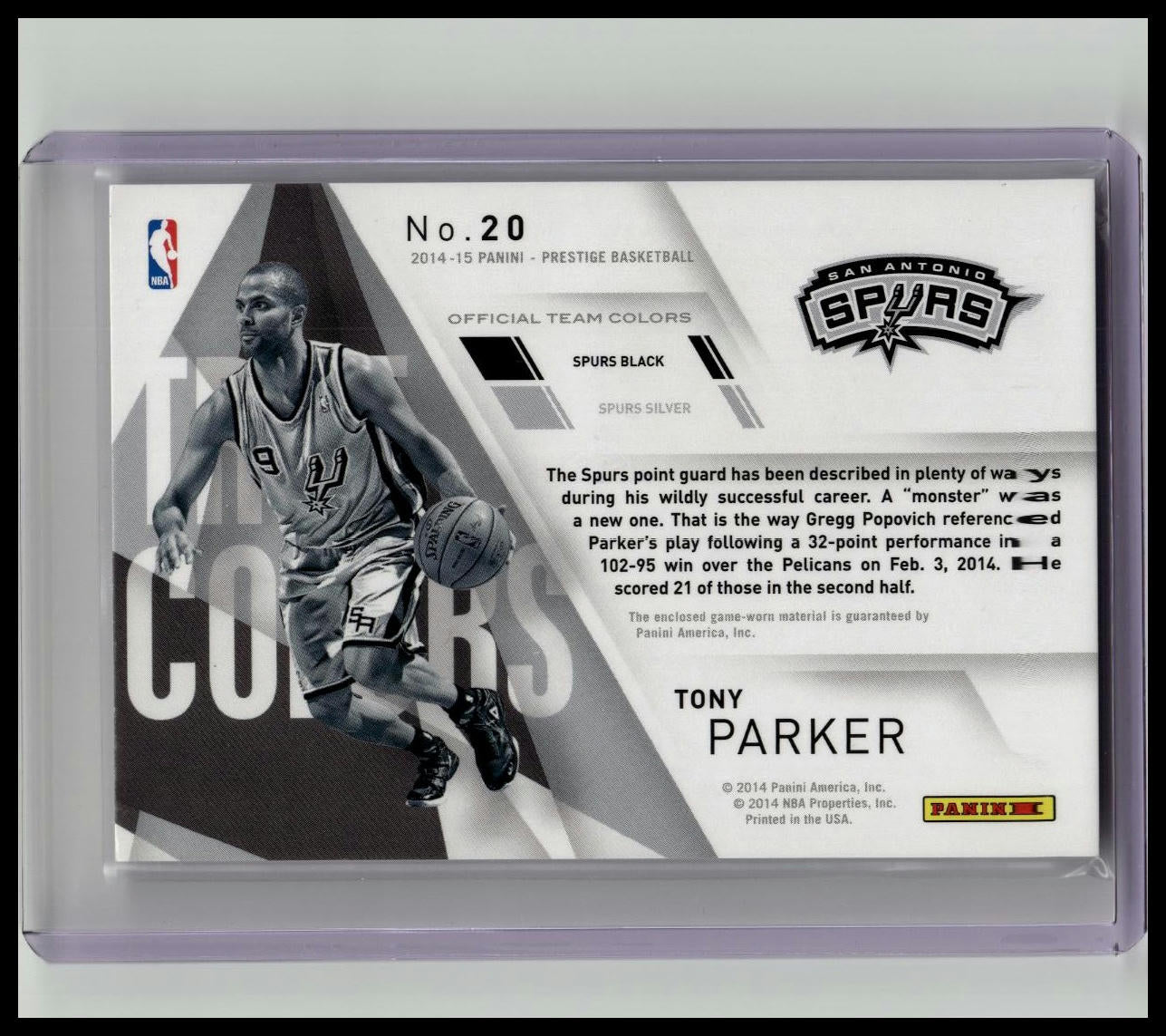 2014-15 Panini Prestige True Colors Materials Plus /199 Tony Parker #20
