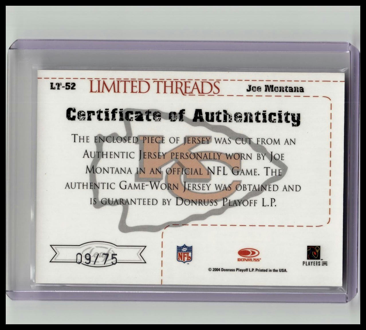 2004 Leaf Limited Threads Game Used Jersey #52 Joe Montana 09/75