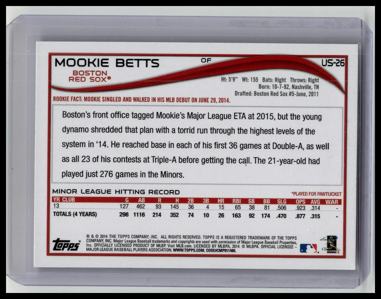 2014 Topps Update #US-26 Mookie Betts Red Sox RC Rookie