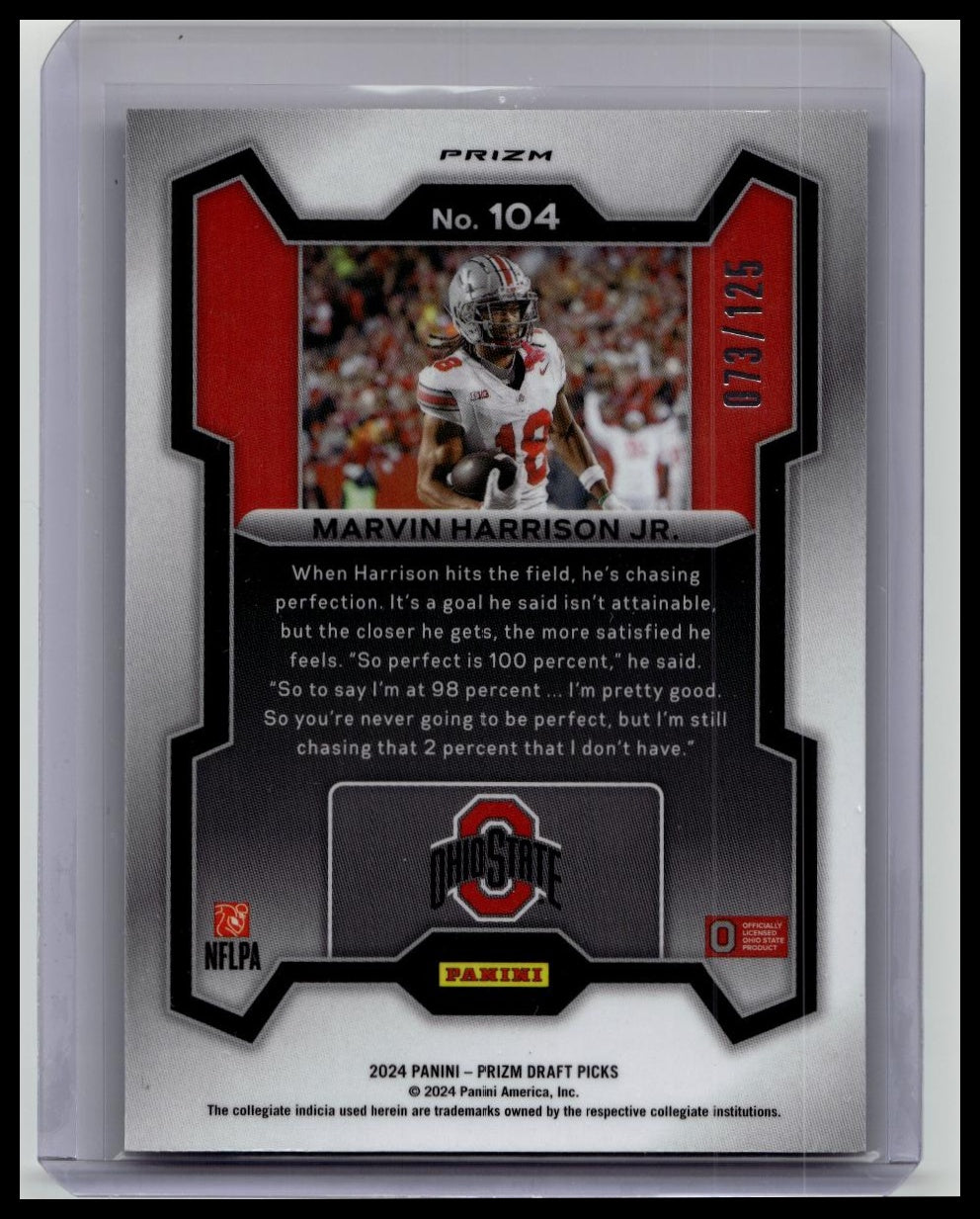 2024 Prizm Draft Picks - Red Finite Prizm #104 Marvin Harrison Jr. /125 (RC)