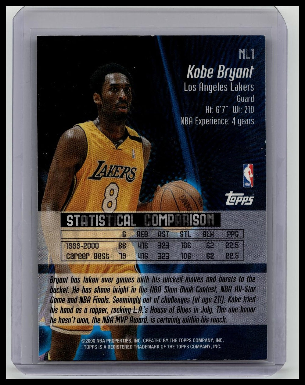 2000-01 Topps Kobe Bryant No Limit Insert Los Angeles Lakers