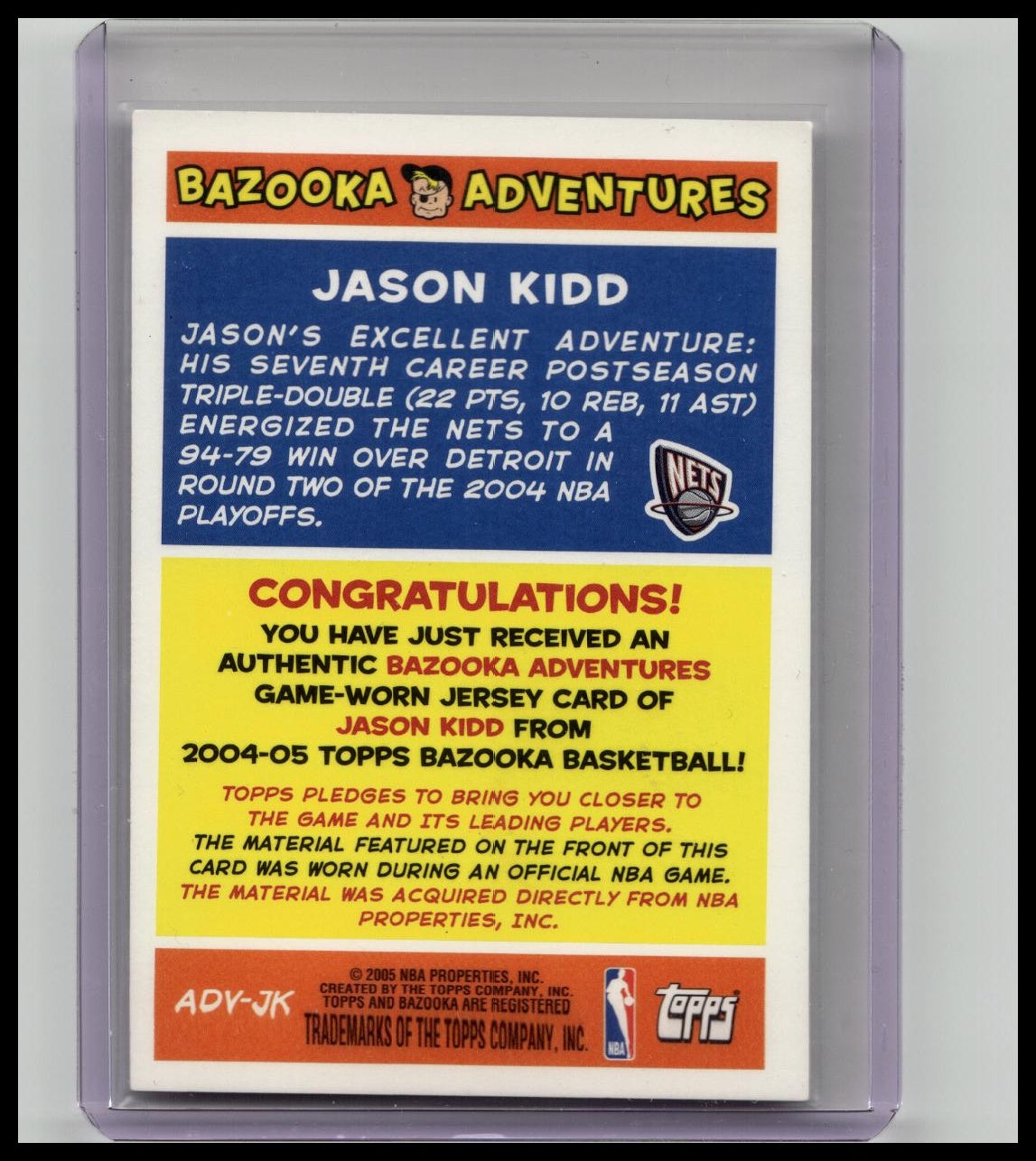 2004-05 Bazooka Adventures GU Jersey Jason Kidd #ADV-JK Nets