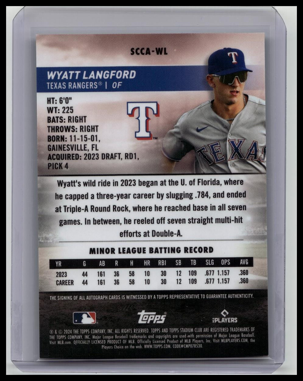 Wyatt Langford 2024 Topps Stadium Club Chrome RC Rookie Auto SCCA-WL Rangers