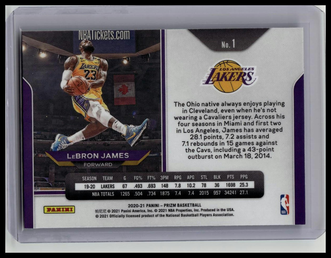 2020-21 PANINI PRIZM LEBRON JAMES KOBE TRIBUTE #1 LAKERS