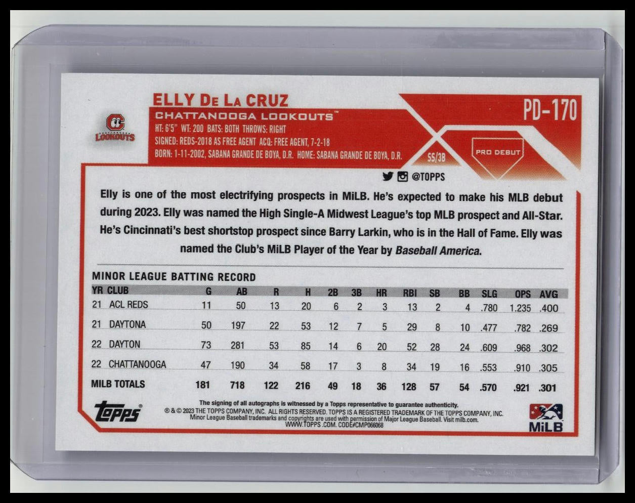 2023 TOPPS PRO DEBUT AUTO #PD170 ELLY DE LA CRUZ ROOKIE RC