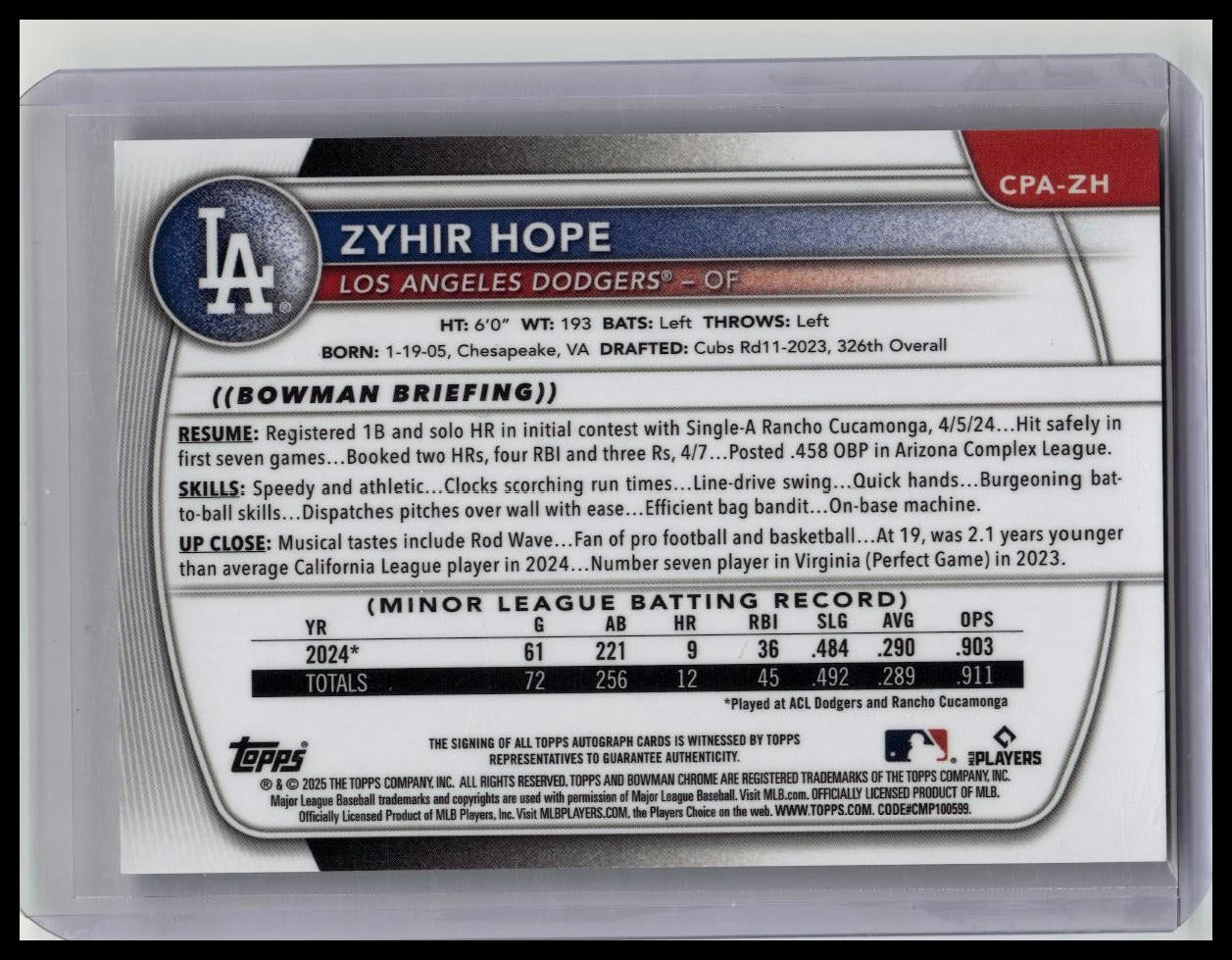 2025 Bowman Baseball Speckle Refractor Zyhir Hope Auto /299
