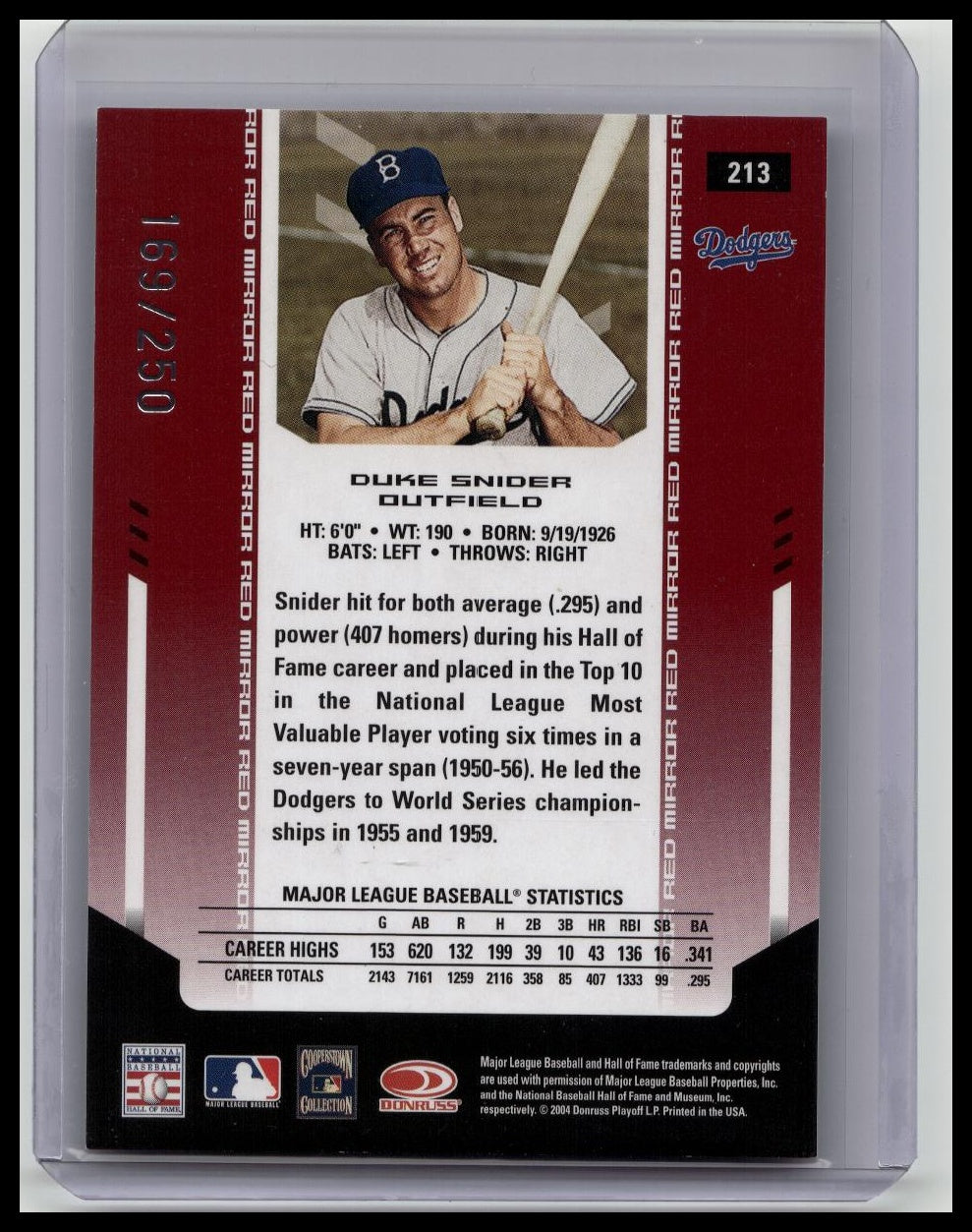 DUKE SNIDER 2004 LEAF CERTIFIED MIRROR RED AUTOGRAPH AUTO! 3'd /250! DODGERS!