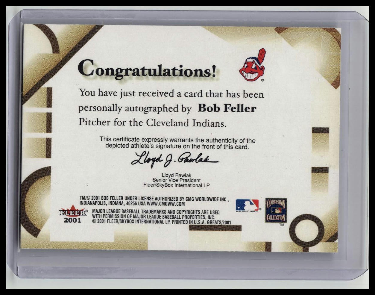 2001 Fleer Greats of the Game Auto Bob Feller Auto HOF Autograph Indians