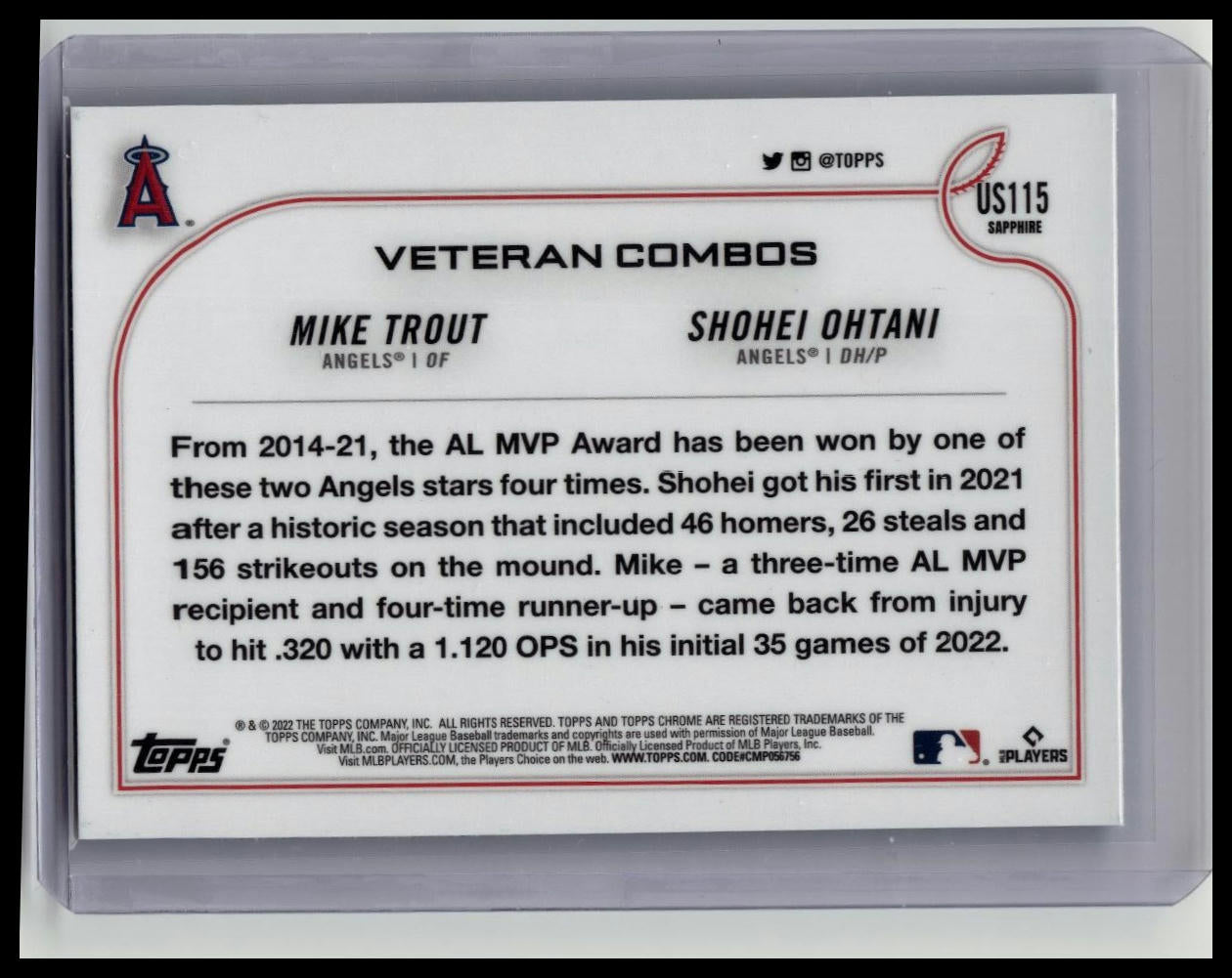 2022 Topps Chrome Update Sapphire #US115 MVP Caliber Mike Trout Shohei Ohtani