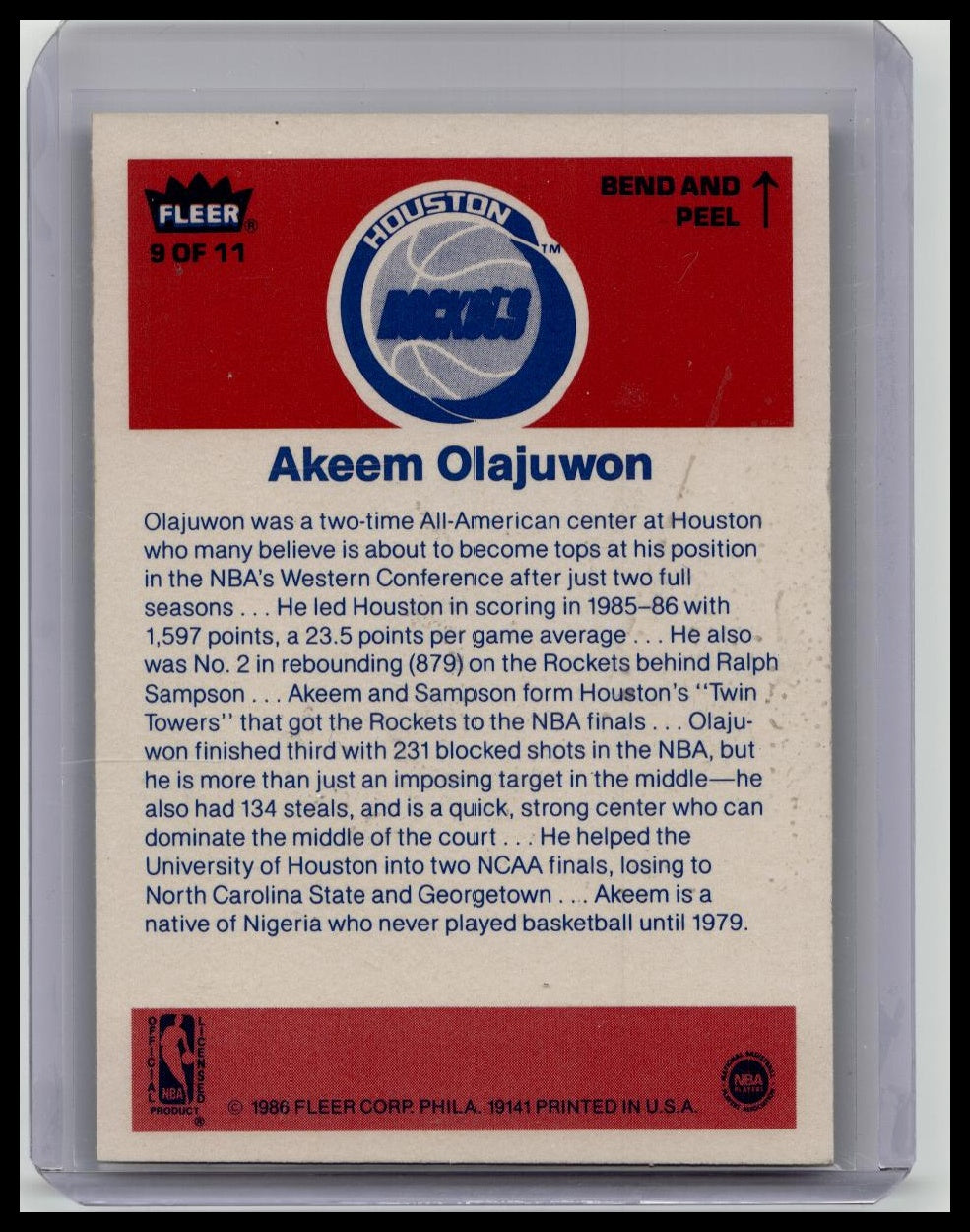 1986 Fleer Sticker # 9 Akeem Olajuwon RC ROOKIE Rockets NBA HOF