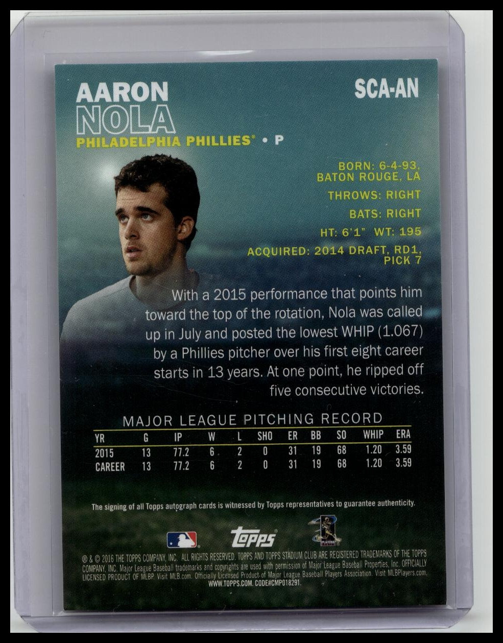 2016 Topps Stadium Club - AARON NOLA On-Card Auto Rookie #SCA-AN Phillies