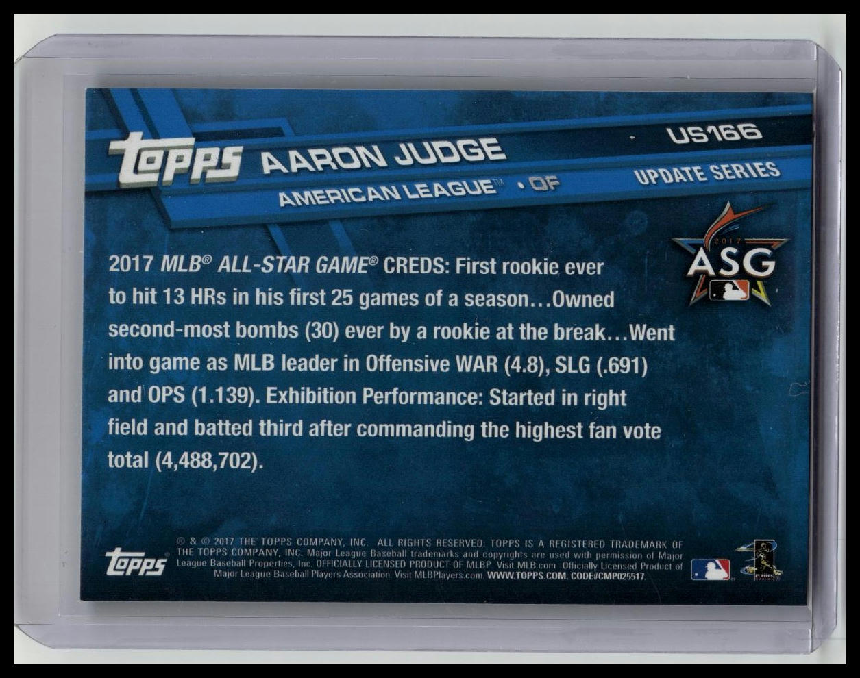 2017 Topps Update AARON JUDGE RC US166 ASG All-Star Game ROOKIE CARD Yankees