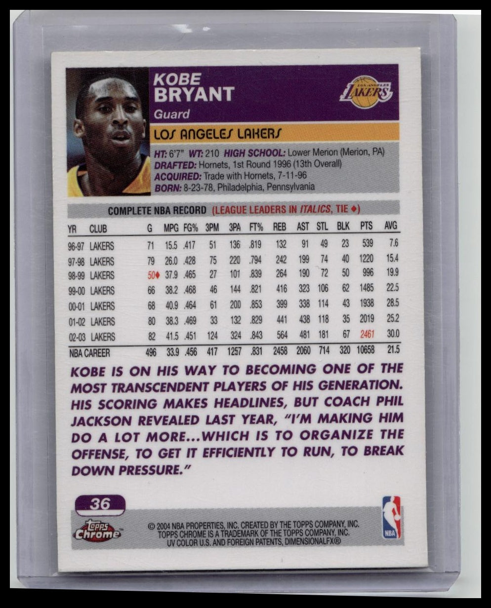 KOBE BRYANT 2004 TOPPS CHROME LAKERS #36
