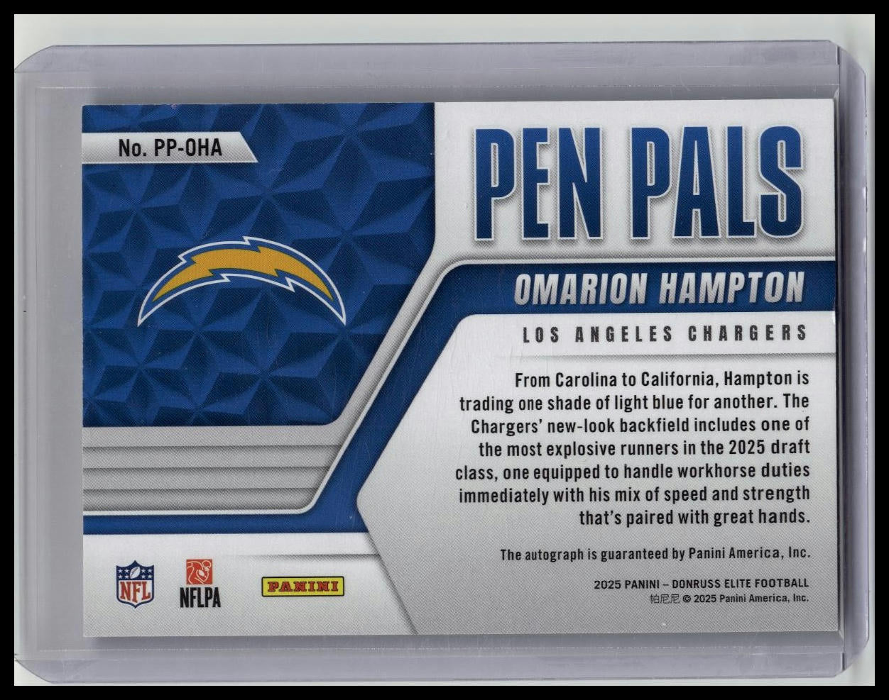2025 Donruss Elite Omarion Hampton RC Pen Pals On Card Auto PP-OHA Rookie