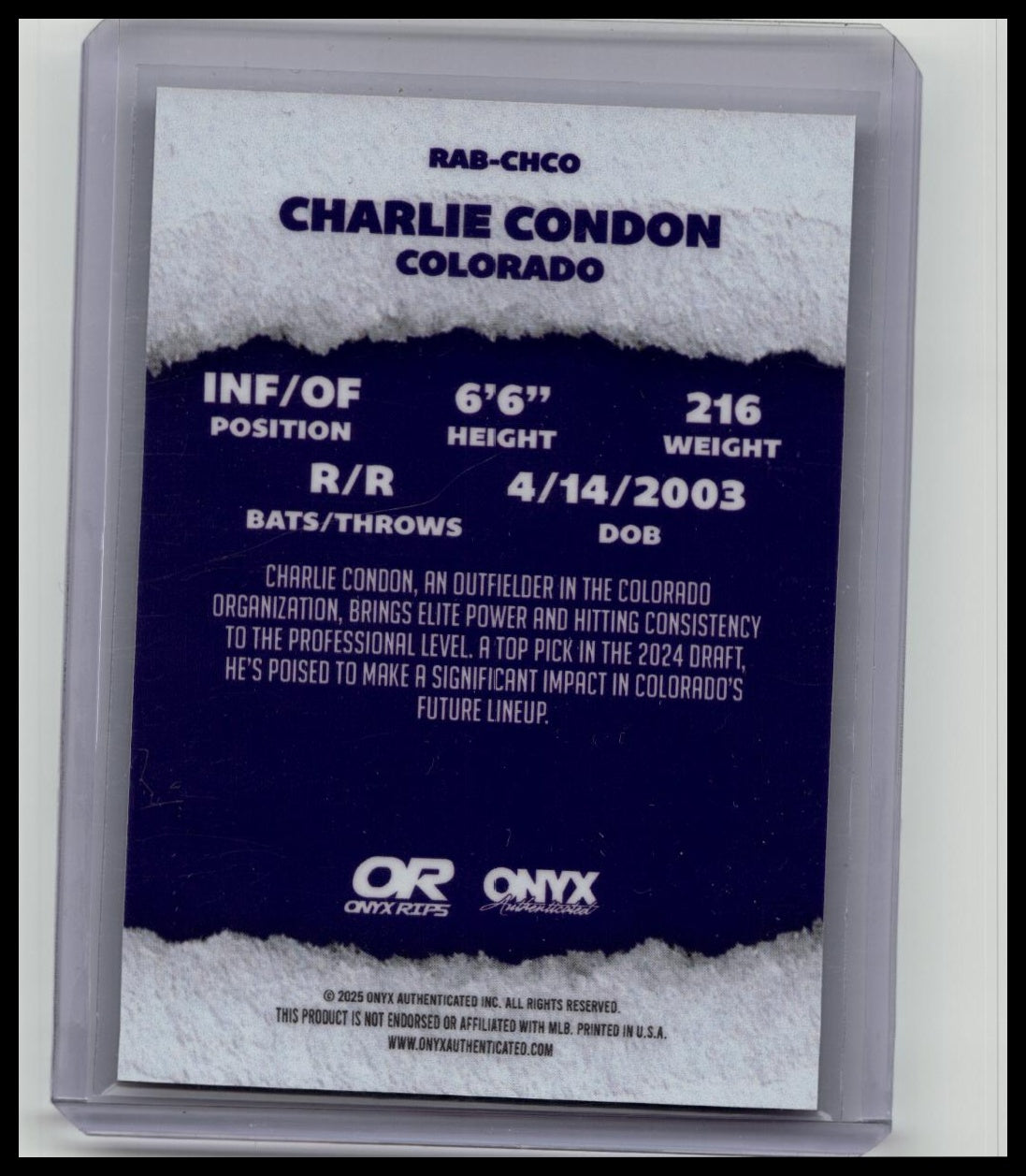 2025 Onyx Rips #RAB-CHCO Charlie Condon Auto Colorado Rockies