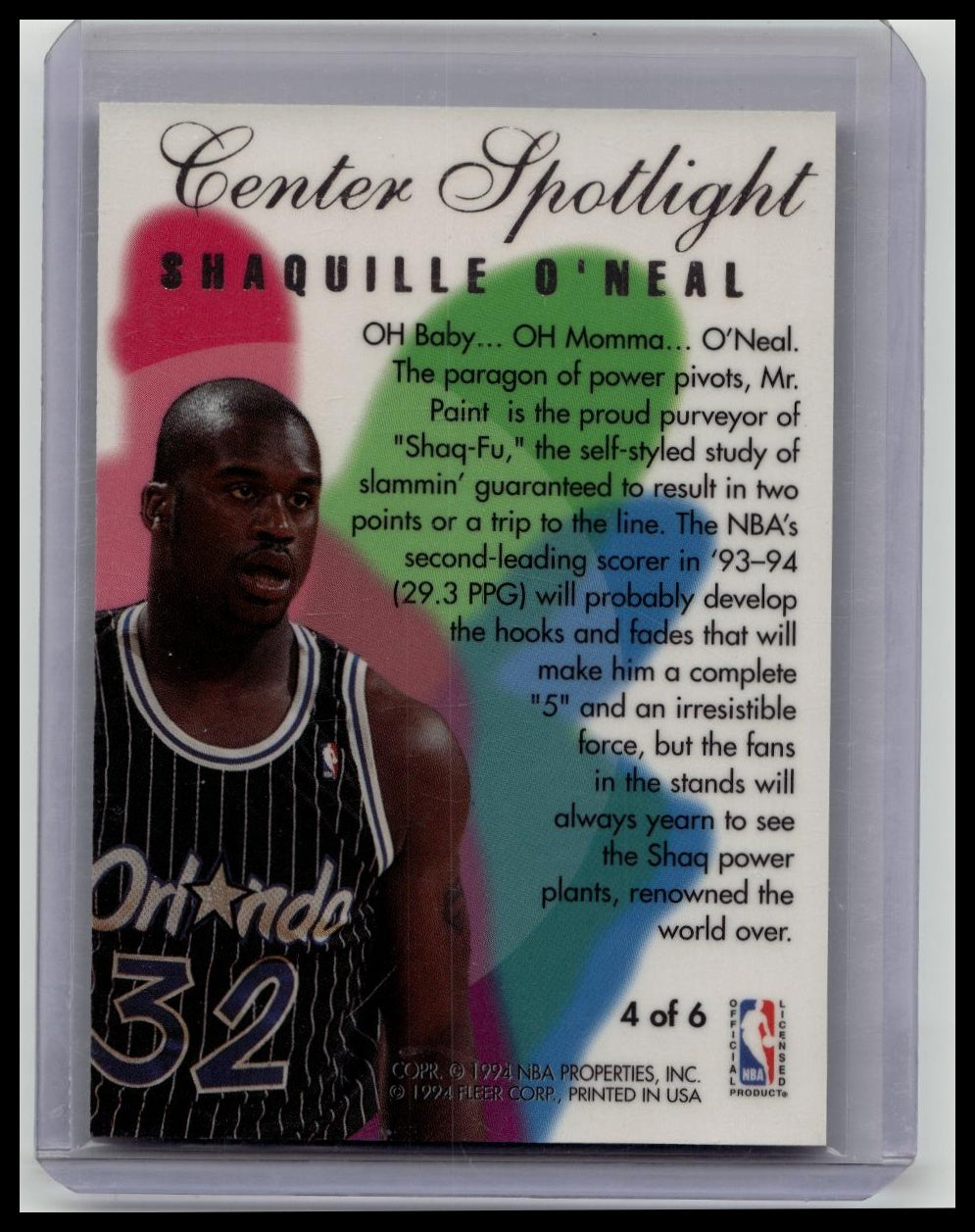 1994-95 Fleer Shaquille O’Neal Center Spotlight Insert #4 of 6 Orlando Magic NBA Card