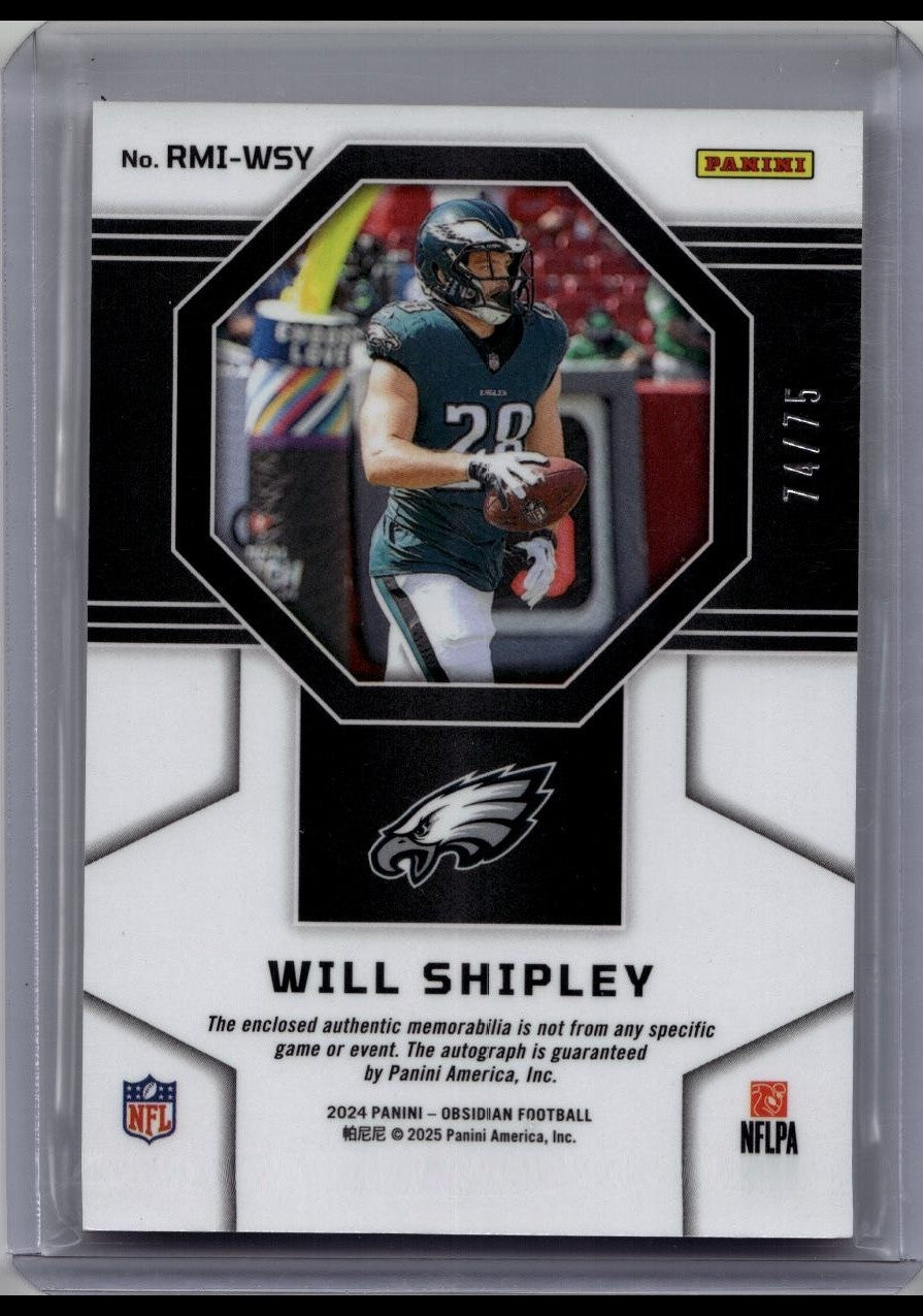 Will Shipley 2024 Panini Obsidian Red Flood /75 Auto Rookie Dual Patch Card