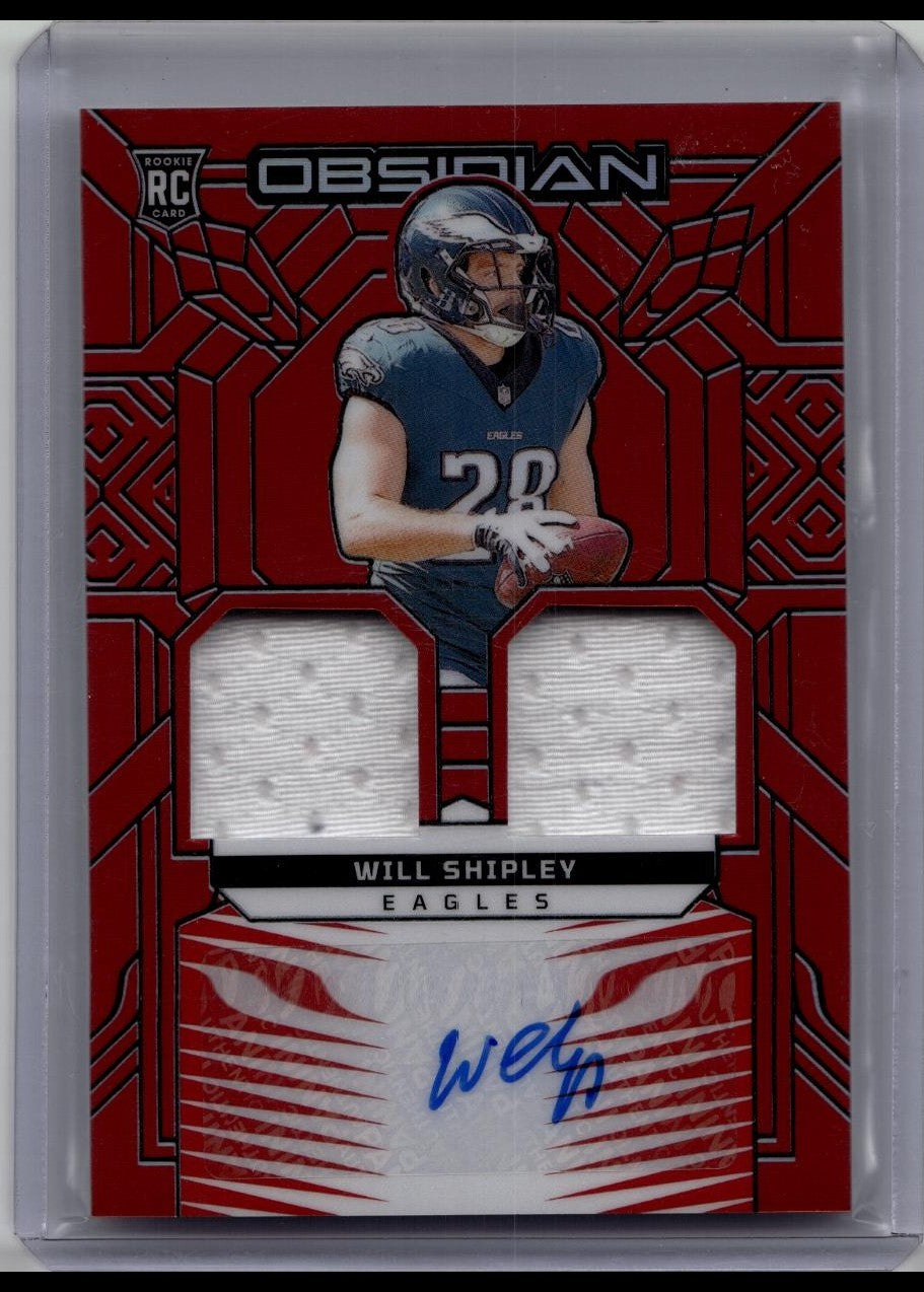 Will Shipley 2024 Panini Obsidian Red Flood /75 Auto Rookie Dual Patch Card