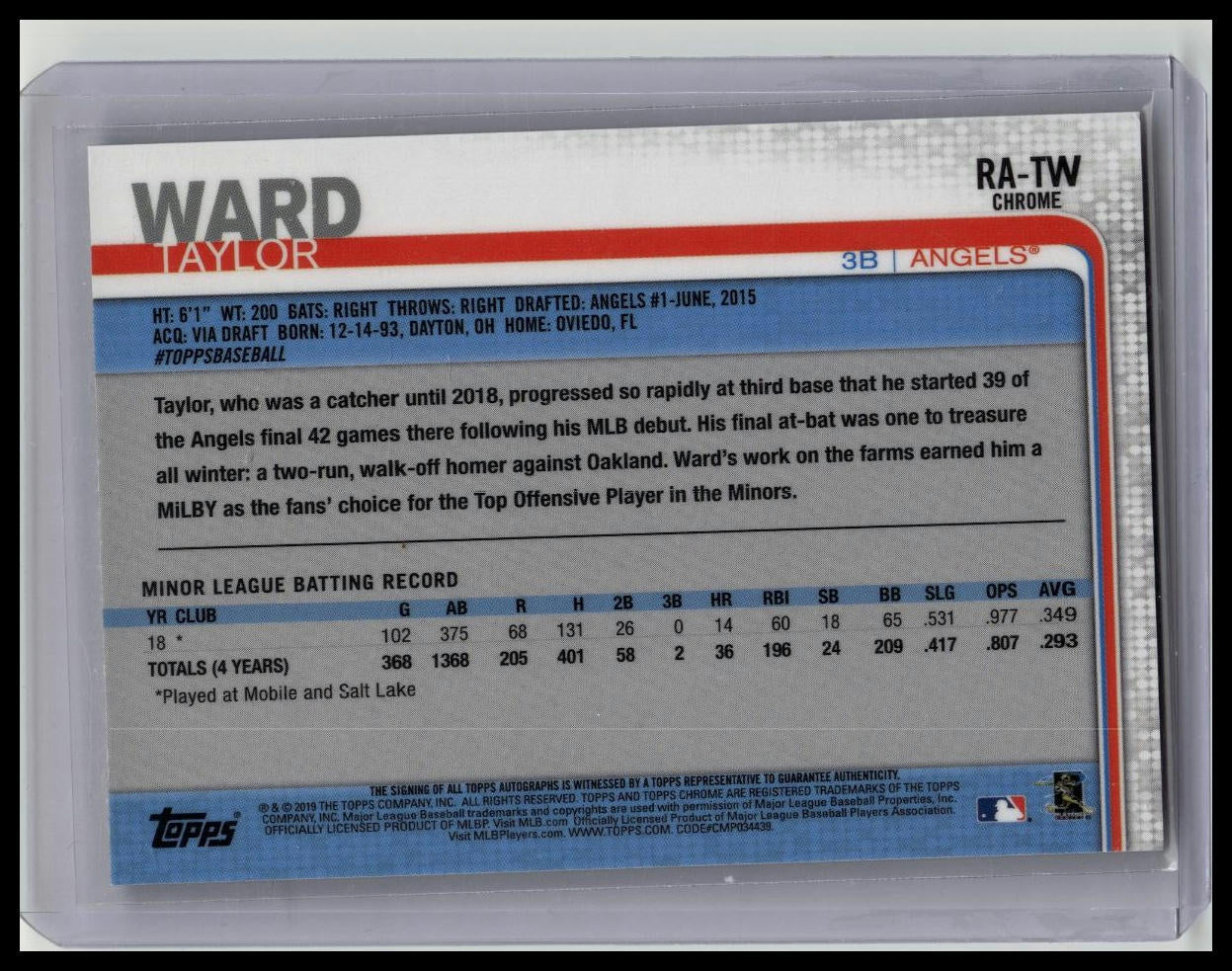 2019 Topps Chrome TAYLOR WARD RC Auto Rookie Autographs