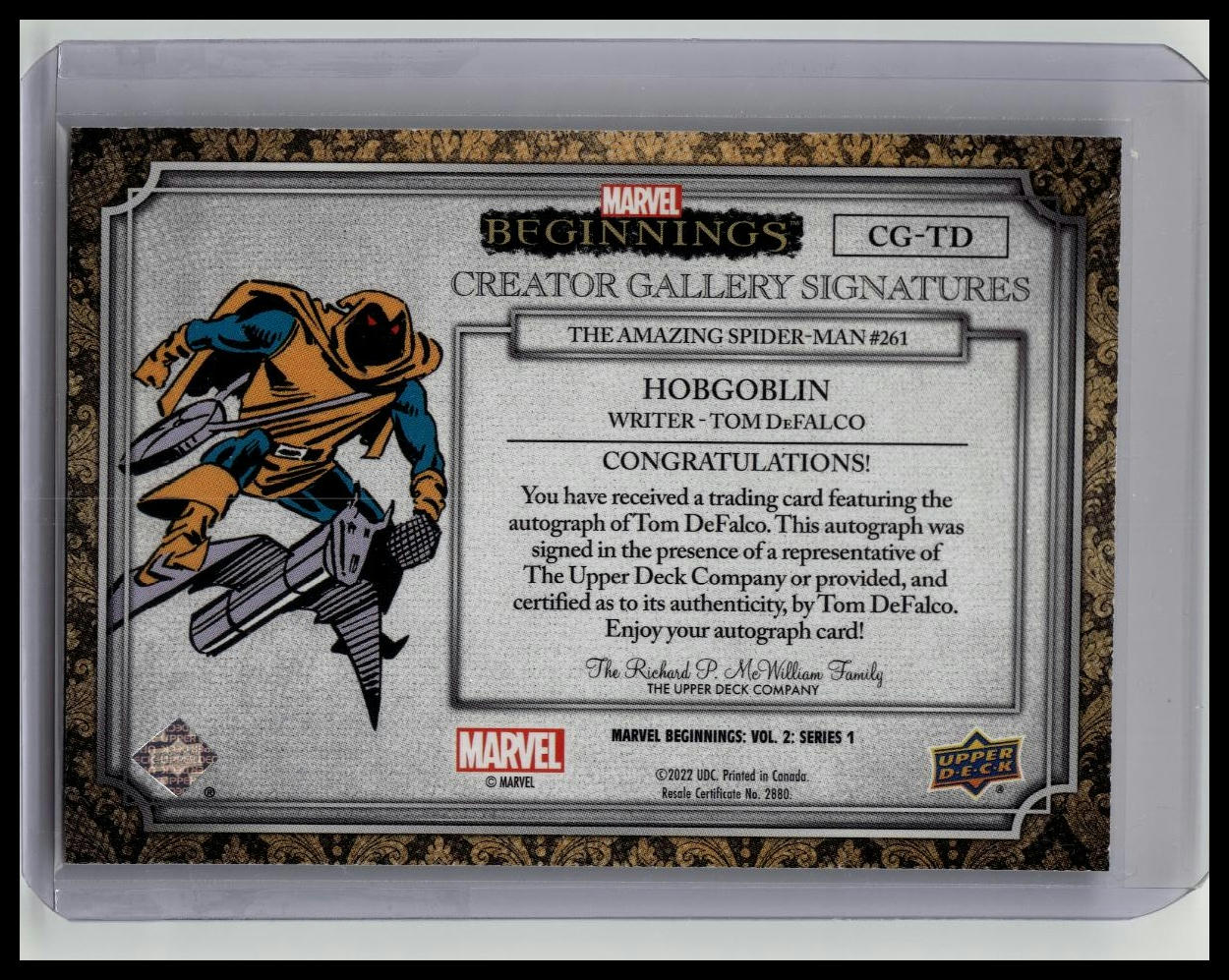 2022 Marvel Beginnings Vol 2 Series 1 Hobgoblin - Tom DeFalco #CG-TD Auto