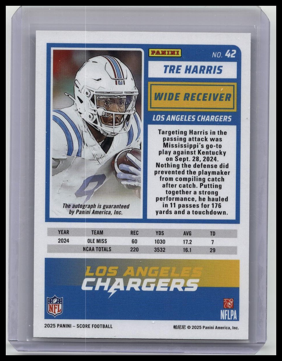 2025 Panini Score Football Tre Harris Rookie Auto #42 Los Angeles Chargers