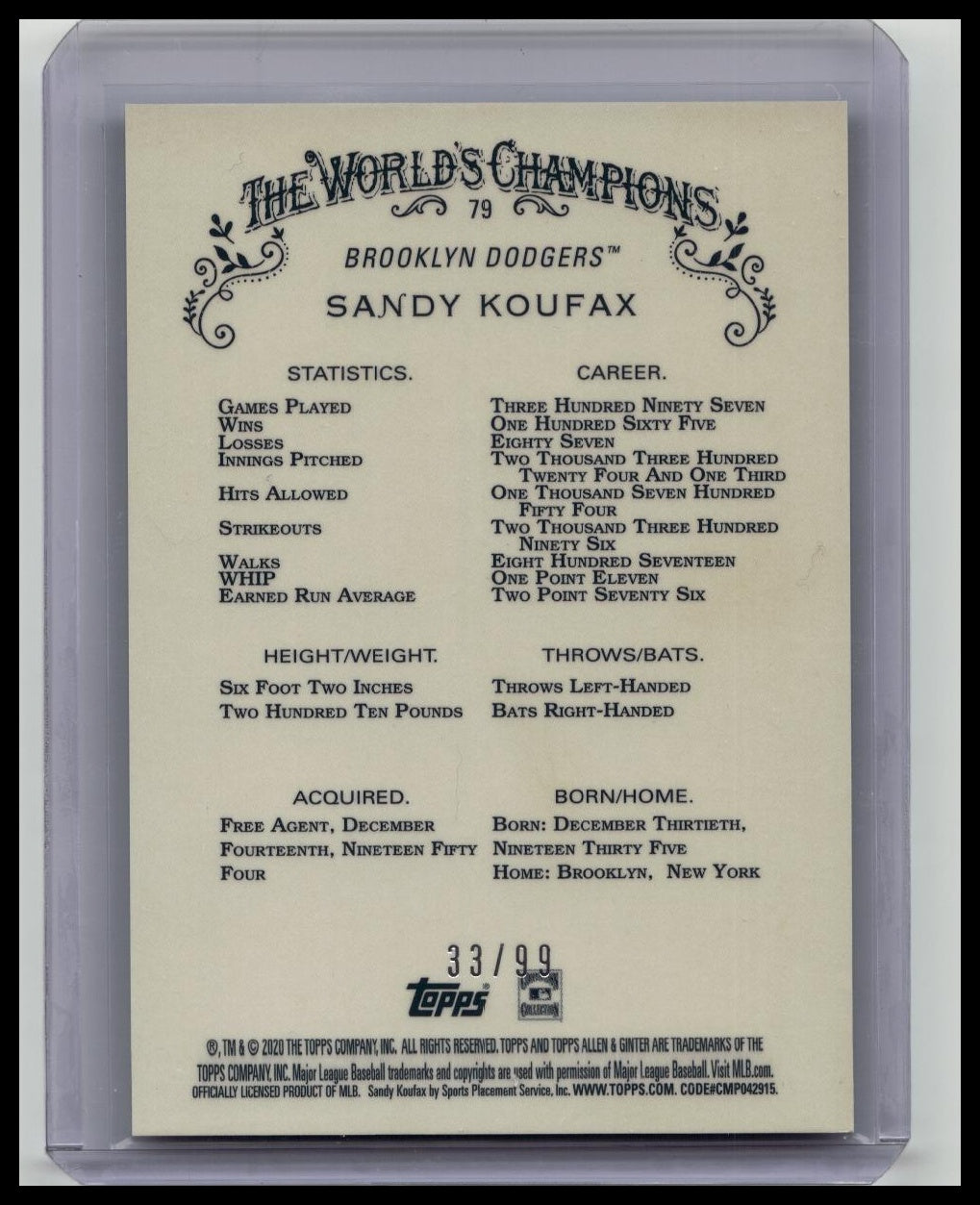2020 Topps Allen & Ginter Chrome Green Refractor /99 Sandy Koufax #79 HOF