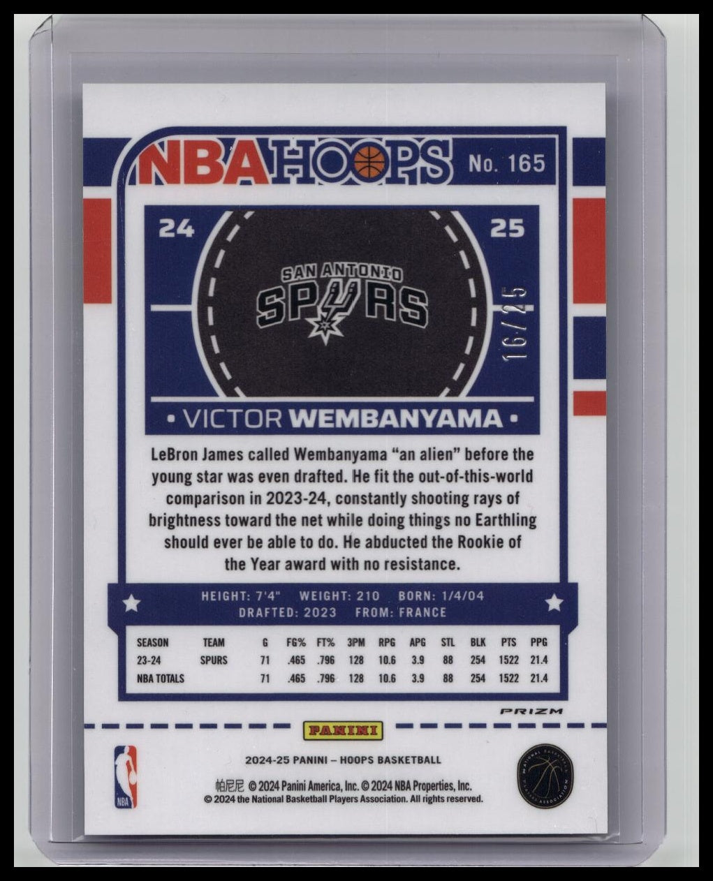 2024-25 NBA Hoops Victor Wembanyama Blue Laser Parallel SP 31/49 #165 Spurs