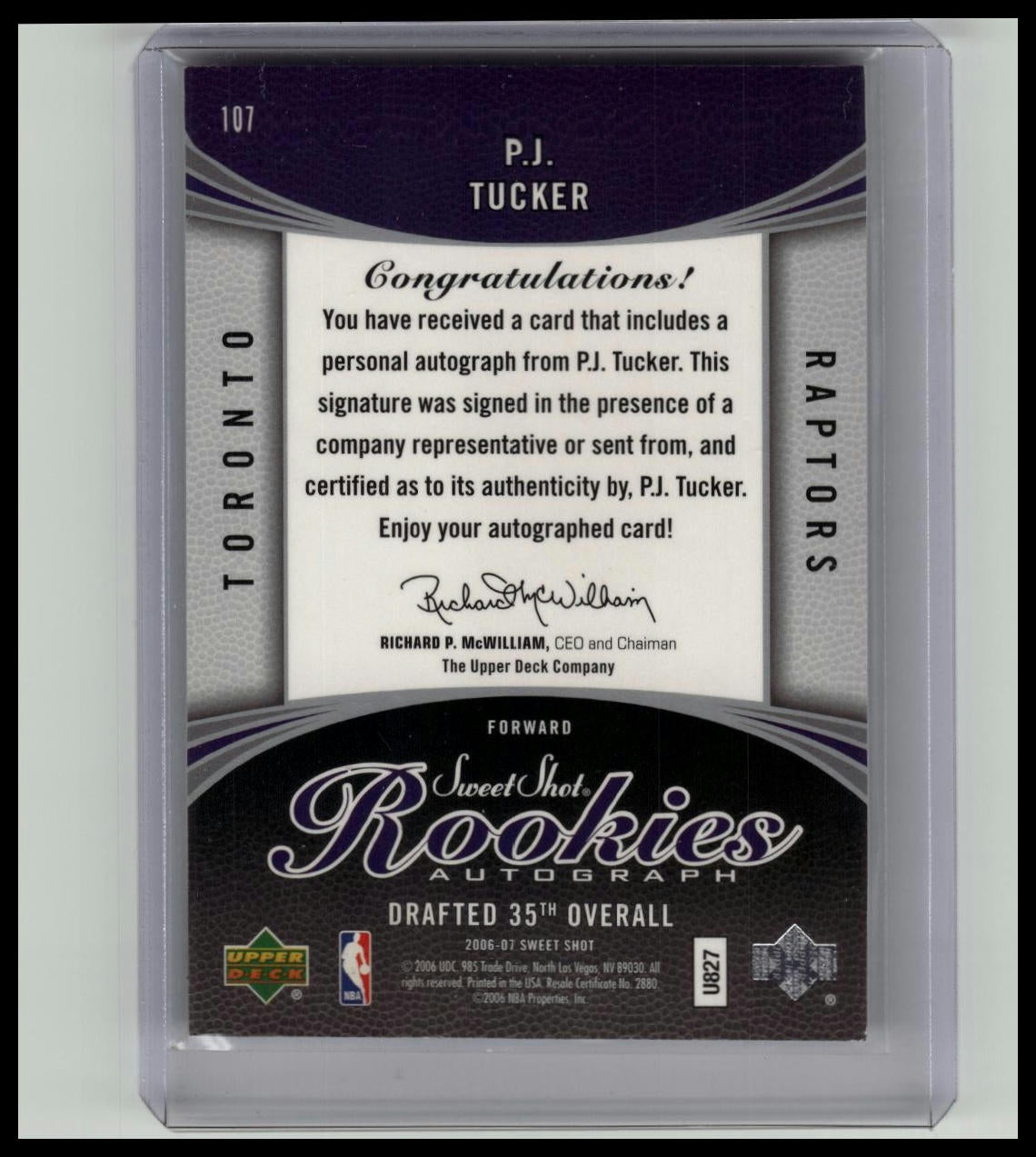 2006-07 PJ P.J. TUCKER UPPER DECK SWEET SHOT AUTO #D/799 ROOKIE RC CARD RAPTORS