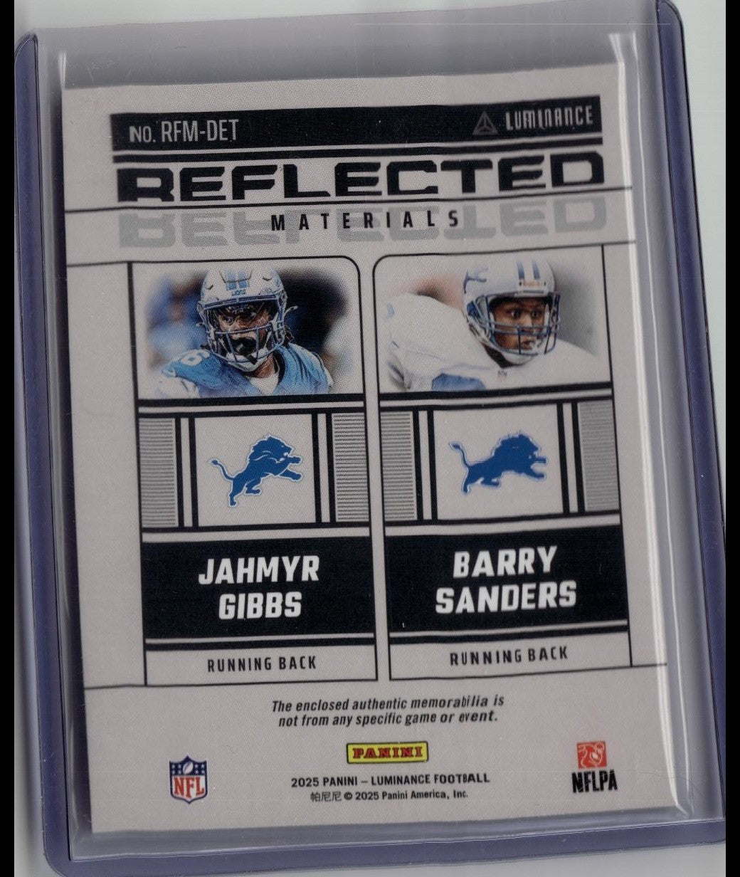 2025 Panini Luminance Barry Sanders Jahmyr Gibbs Reflected Jersey Gold #/50