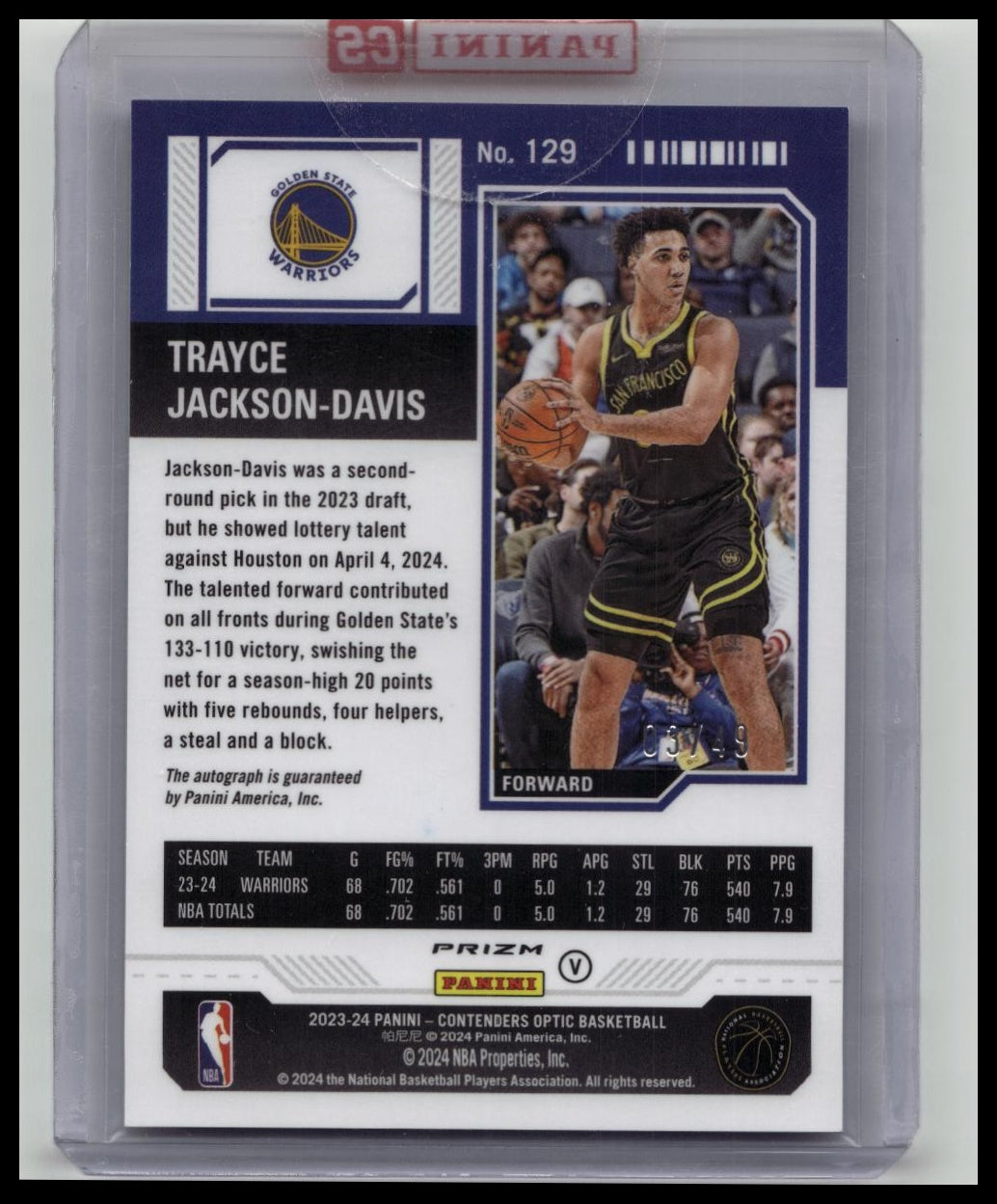 2023-24 Contenders Optic Trayce Jackson-Davis Rookie Ticket Auto RC Blue /49